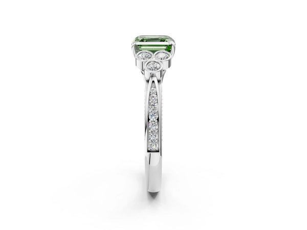 Platinum Asscher Cut Engagement Ring Setting for Fancy Green Center with Bezel-Set Shoulder Clusters
