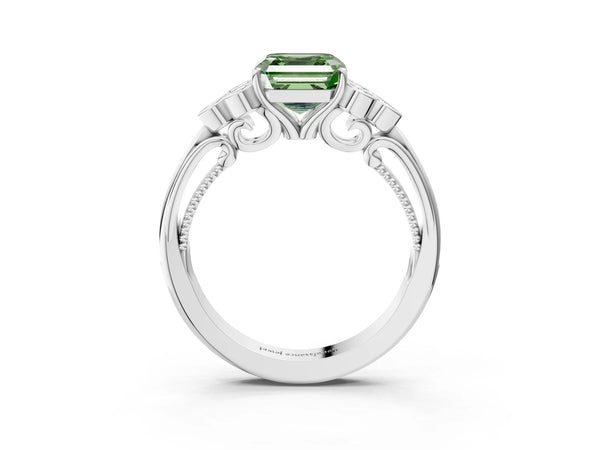 Platinum Asscher Cut Engagement Ring Setting for Fancy Green Center with Bezel-Set Shoulder Clusters