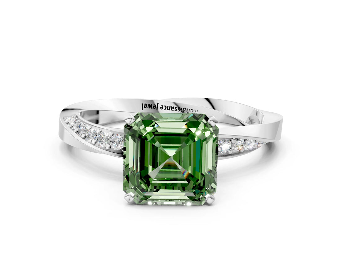 White gold Fancy Green Asscher Cut Diamond Engagement Ring with Side Stone Accents and Four-Prong Setting_24
