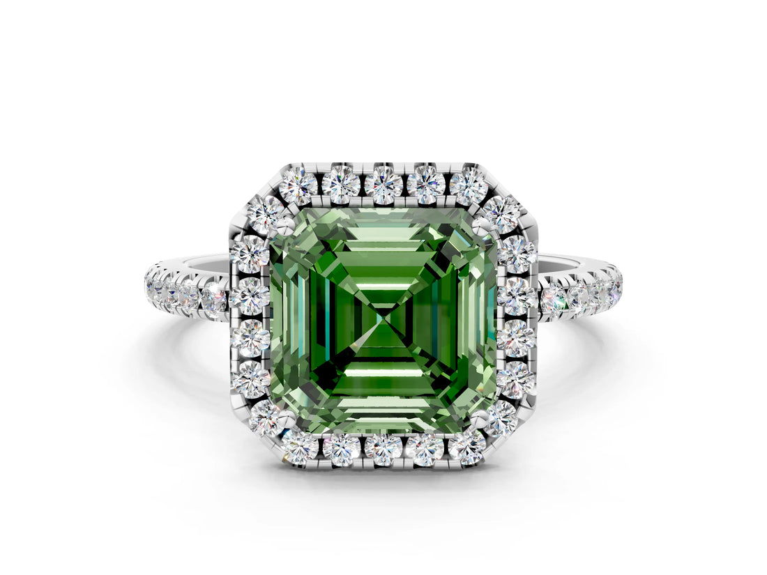White gold Fancy Green Asscher  Cut Diamond Floral Halo Engagement Ring with Pavé Band and Prong Setting_47