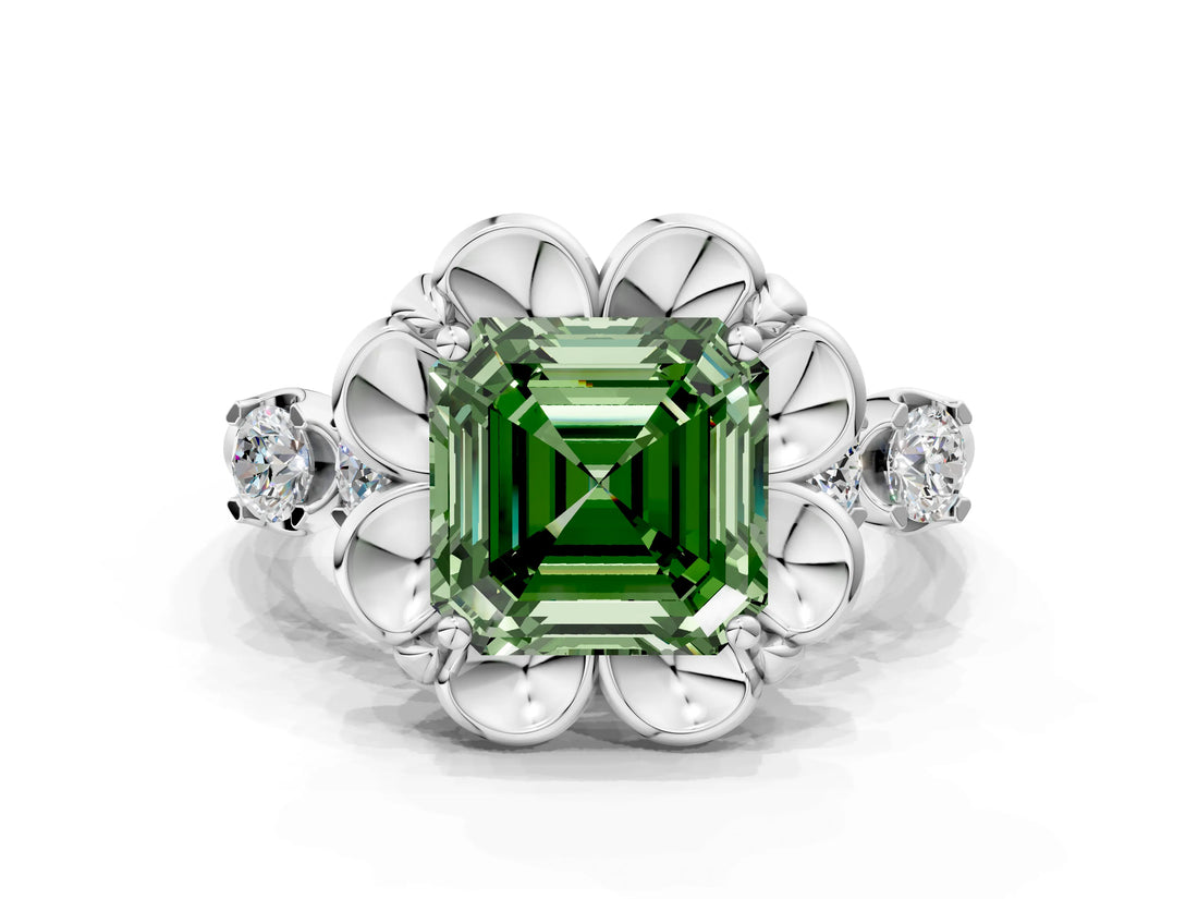 White gold Fancy Green Asscher  Cut Diamond Floral Halo Engagement Ring with Shared Prong Setting