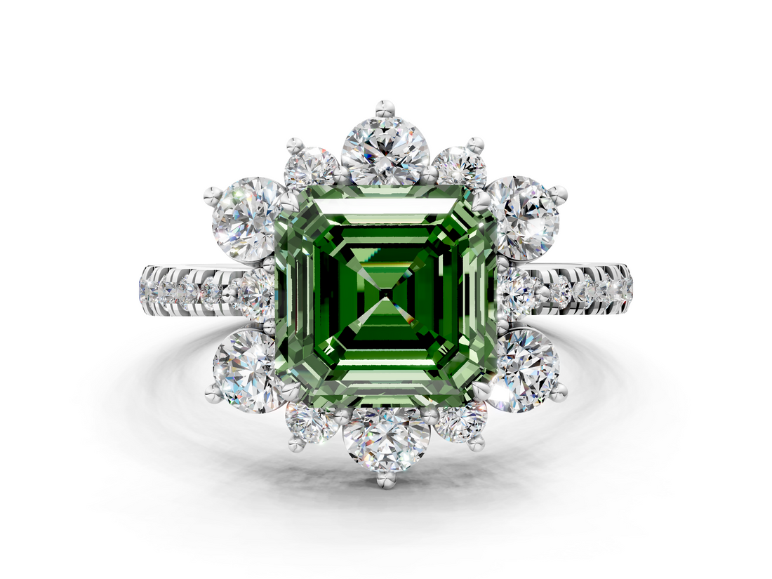 White gold Fancy Green Asscher  Cut Diamond Floral Halo Pave Band with Prong Setting