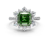 White gold Fancy Green Asscher  Cut Diamond Floral Halo Pave Band with Prong Setting