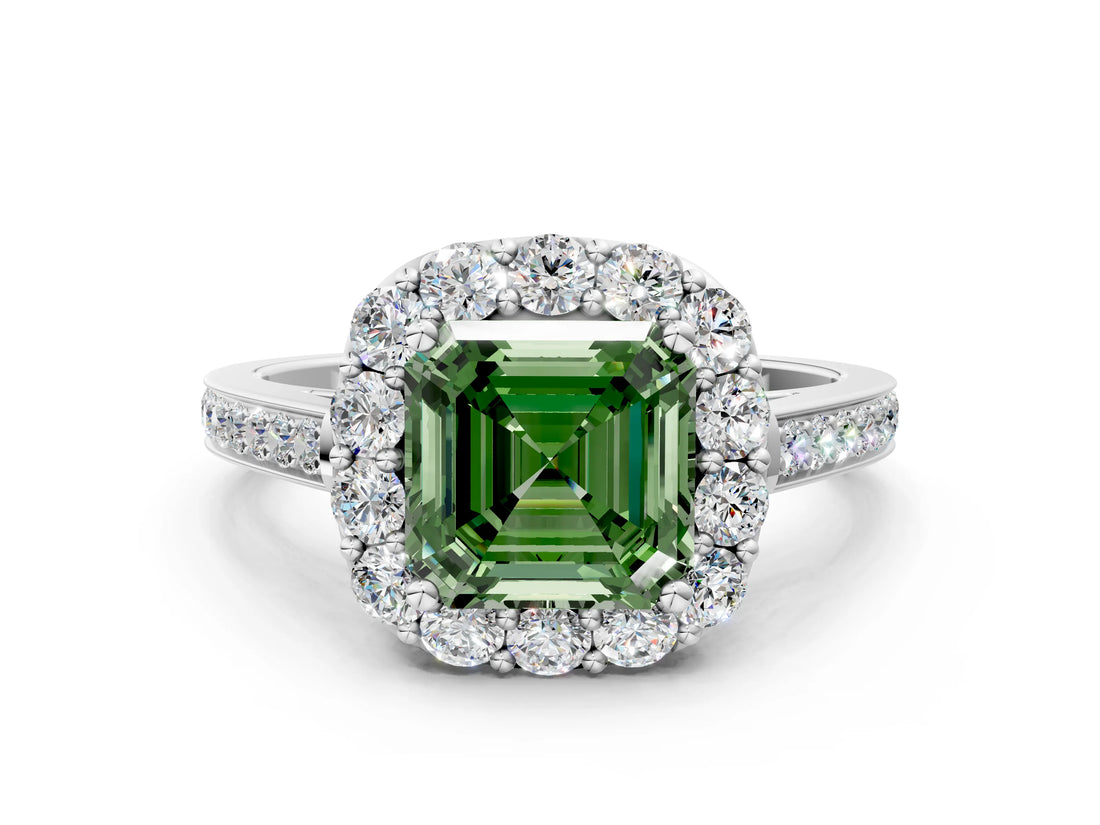 White gold Fancy Green Asscher Cut Diamond Floral Halo Ring with Pavé Band and Prong Setting_7