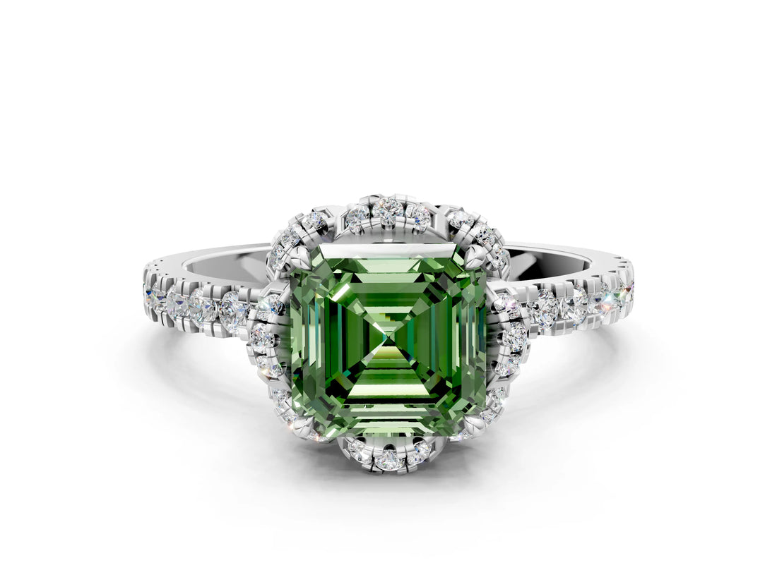 White gold Fancy Green Asscher Cut Diamond Halo Pave Band with Four-Prong Setting_39