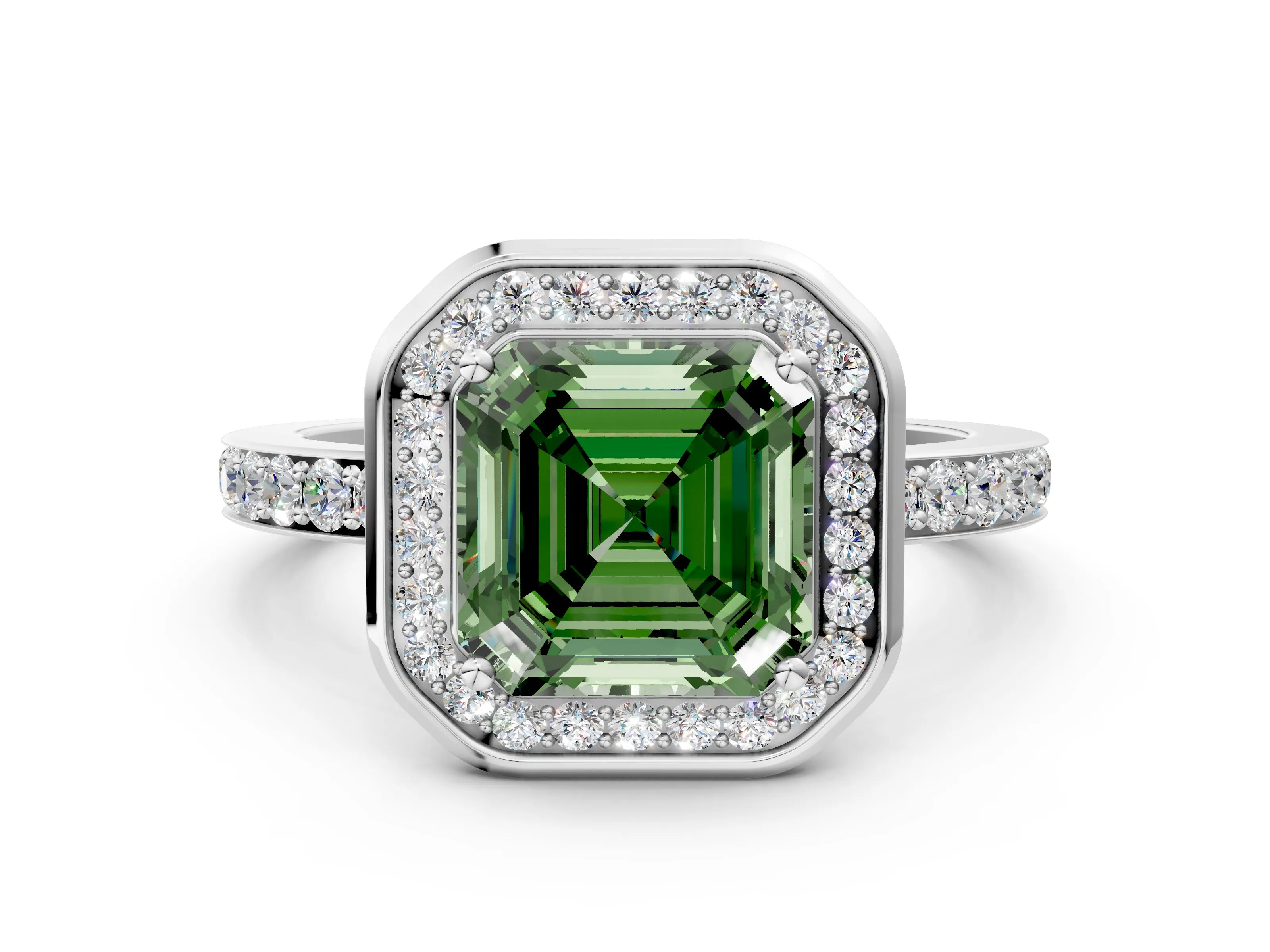 White gold Fancy Green Asscher Cut Diamond Halo Ring with Bezel Frame and Pavé Band