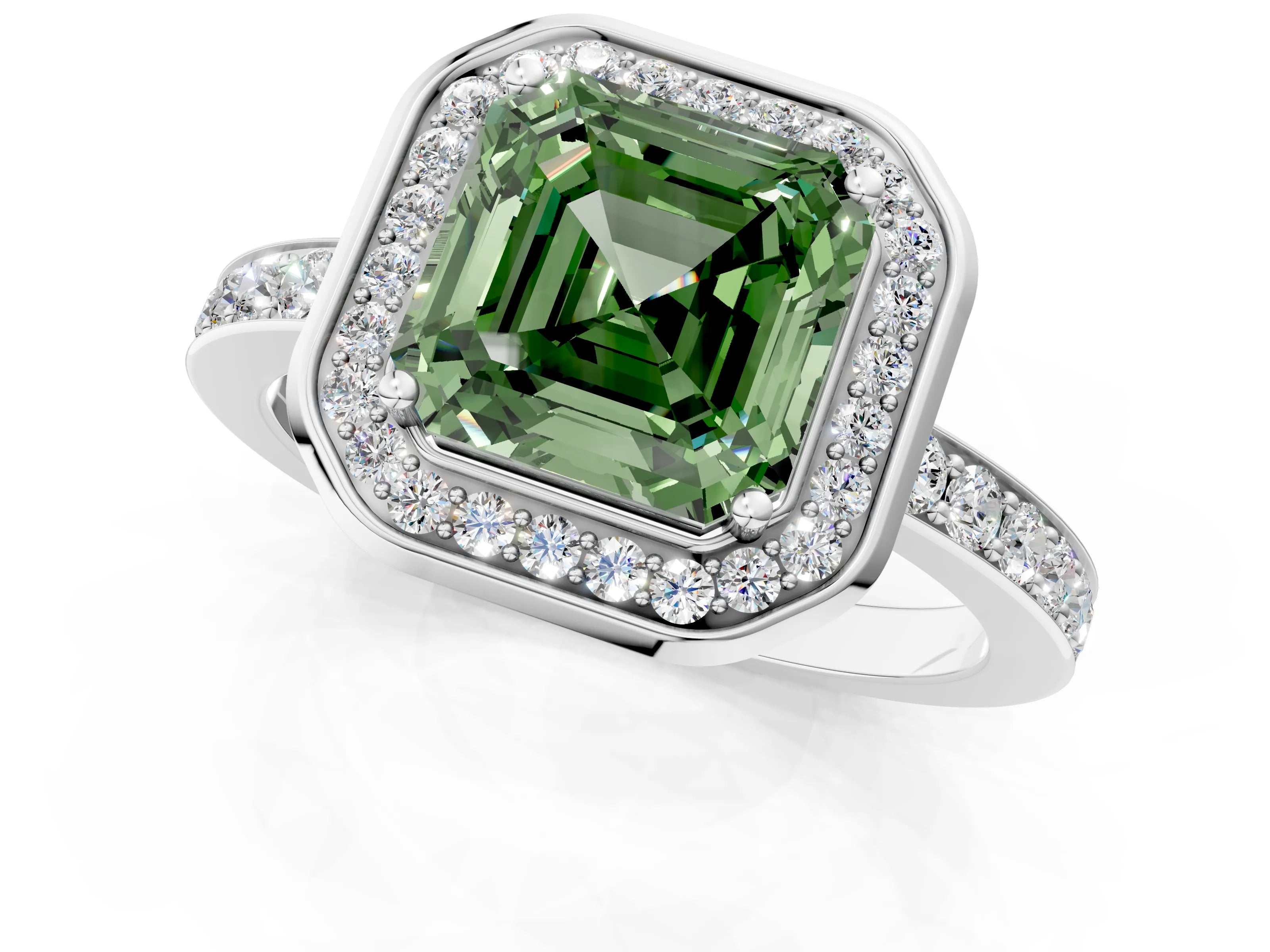 White gold Fancy Green Asscher Cut Diamond Halo Ring with Bezel Frame and Pavé Band_1