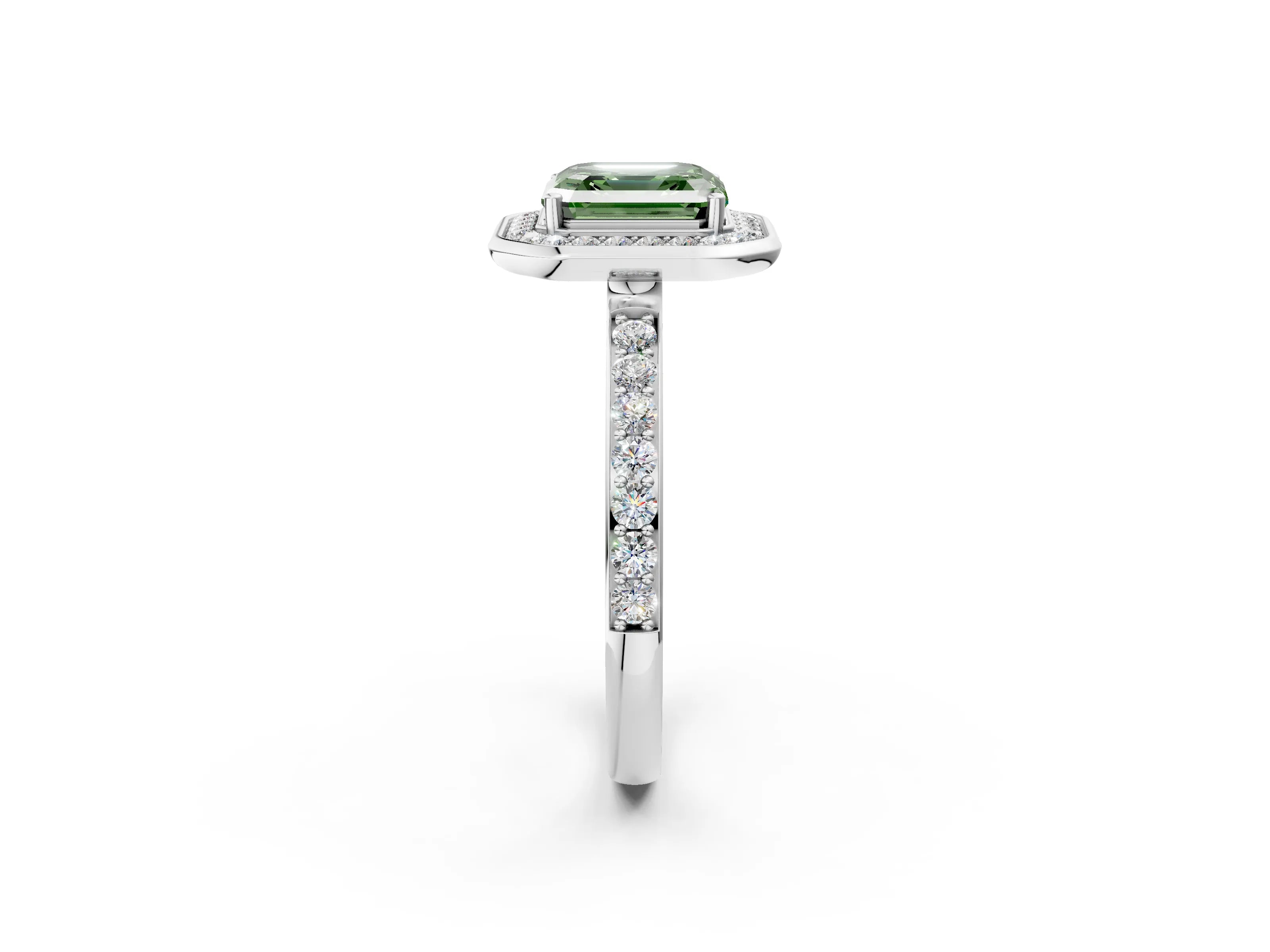 White gold Fancy Green Asscher Cut Diamond Halo Ring with Bezel Frame and Pavé Band_2