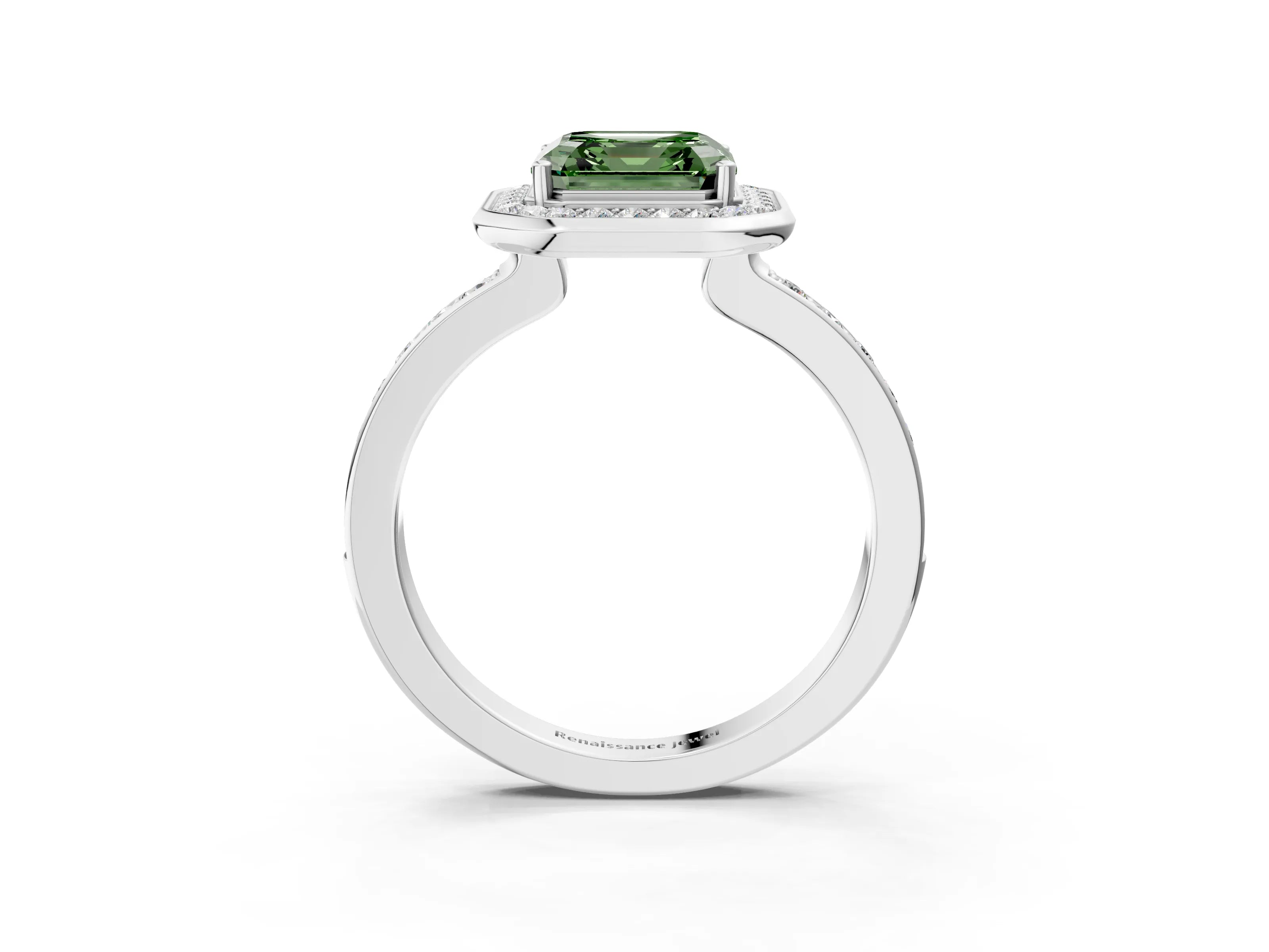 White gold Fancy Green Asscher Cut Diamond Halo Ring with Bezel Frame and Pavé Band_3