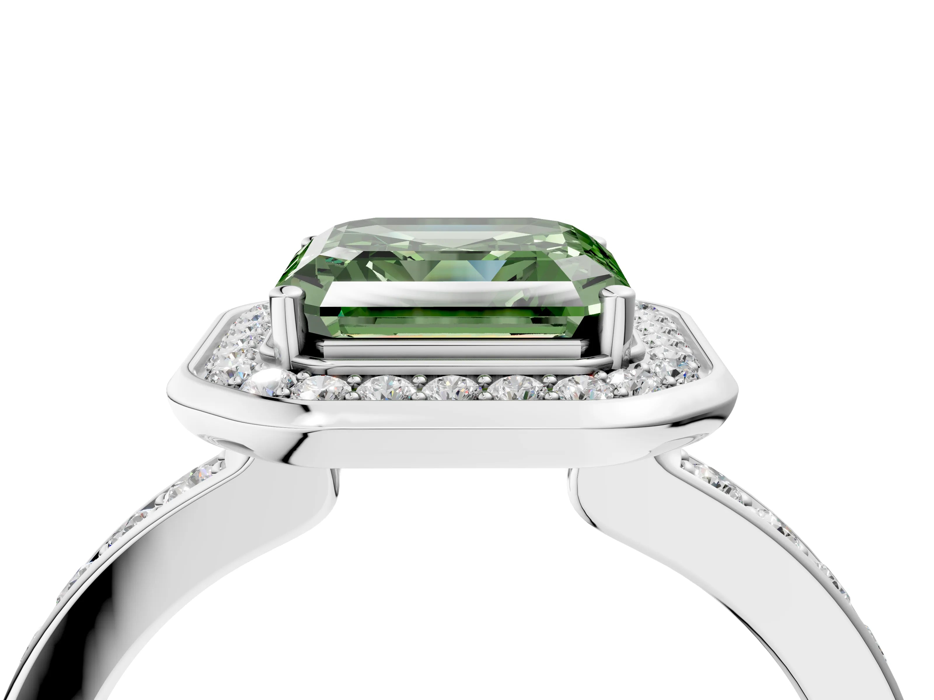 White gold Fancy Green Asscher Cut Diamond Halo Ring with Bezel Frame and Pavé Band_4