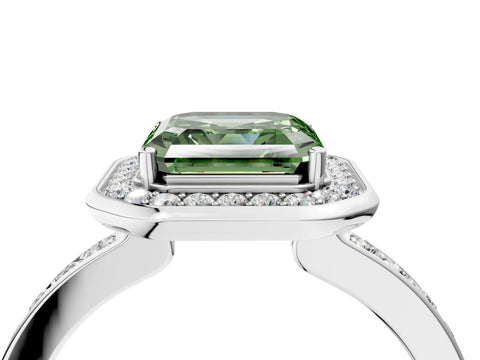 White gold Fancy Green Asscher Cut Diamond Halo Ring with Bezel Frame and Pavé Band_4