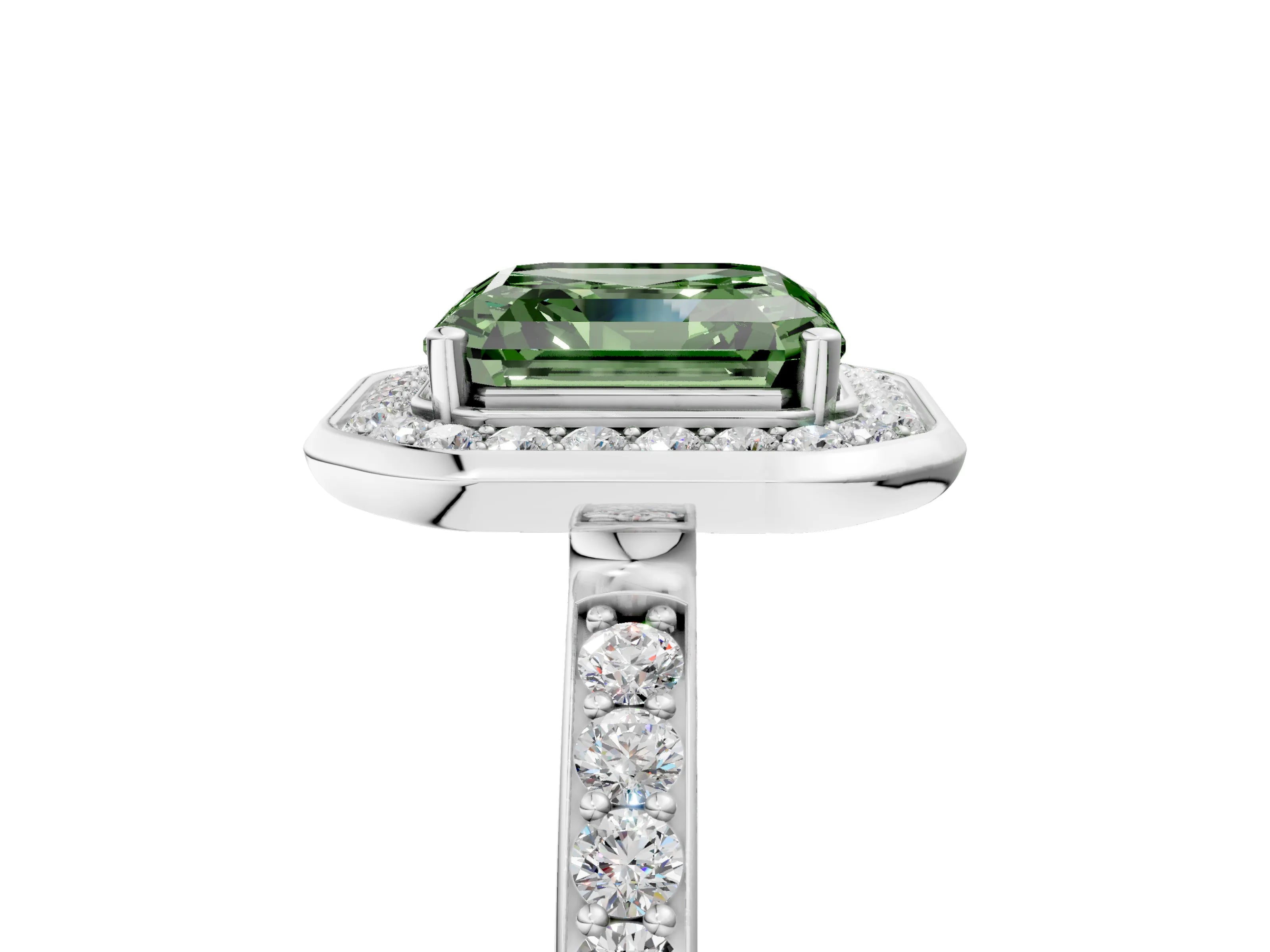 White gold Fancy Green Asscher Cut Diamond Halo Ring with Bezel Frame and Pavé Band_5
