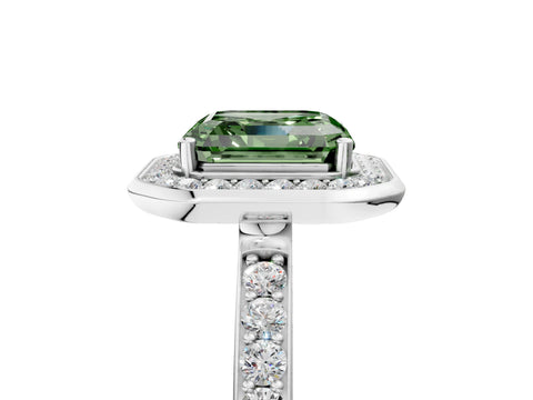 White gold Fancy Green Asscher Cut Diamond Halo Ring with Bezel Frame and Pavé Band_5