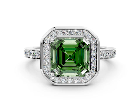 White gold Fancy Green Asscher Cut Diamond Halo Ring with Bezel Frame and Pavé Band