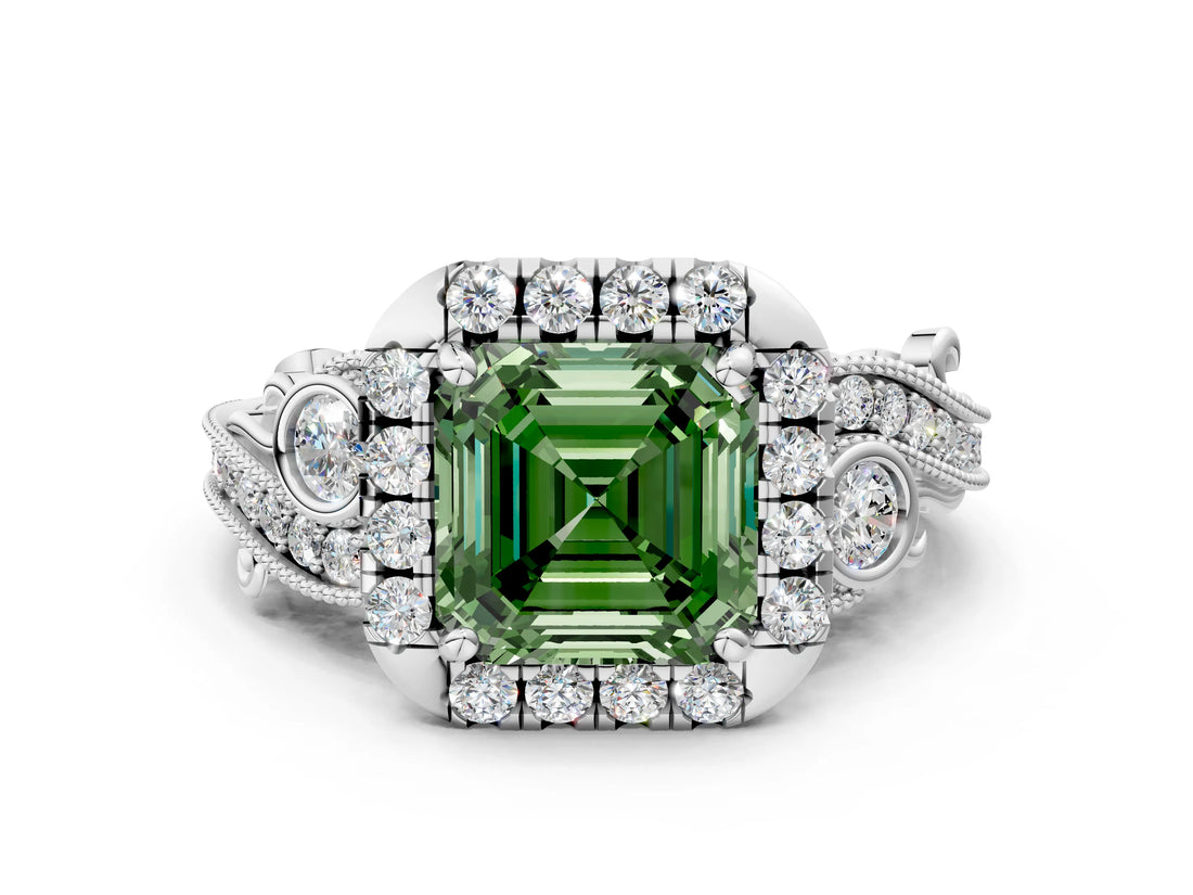 White gold Fancy Green Asscher Cut Diamond Halo Ring with Milgrain Pavé Band and Four-Prong Setting_29