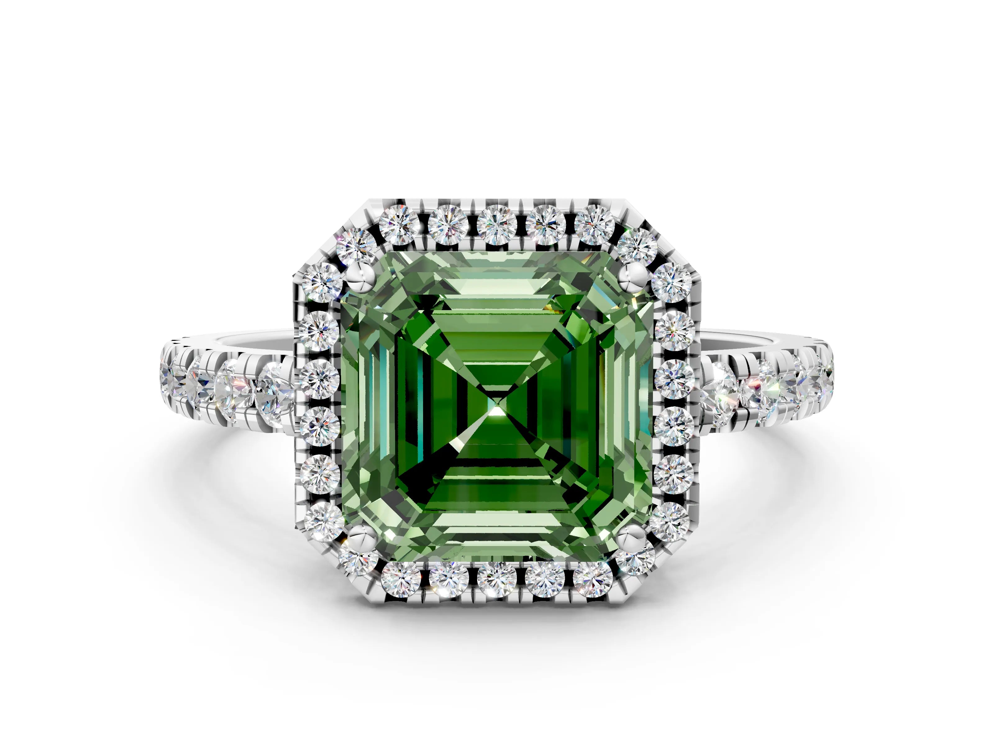 White gold Fancy Green Asscher Cut Diamond Halo Ring with Pavé Band and Four-Prong Setting_12