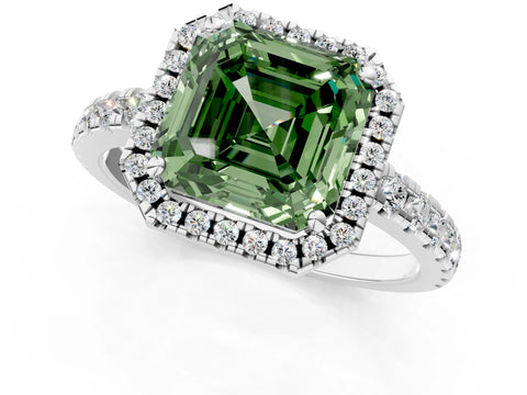 White gold Fancy Green Asscher Cut Diamond Halo Ring with Pavé Band and Four-Prong Setting_13