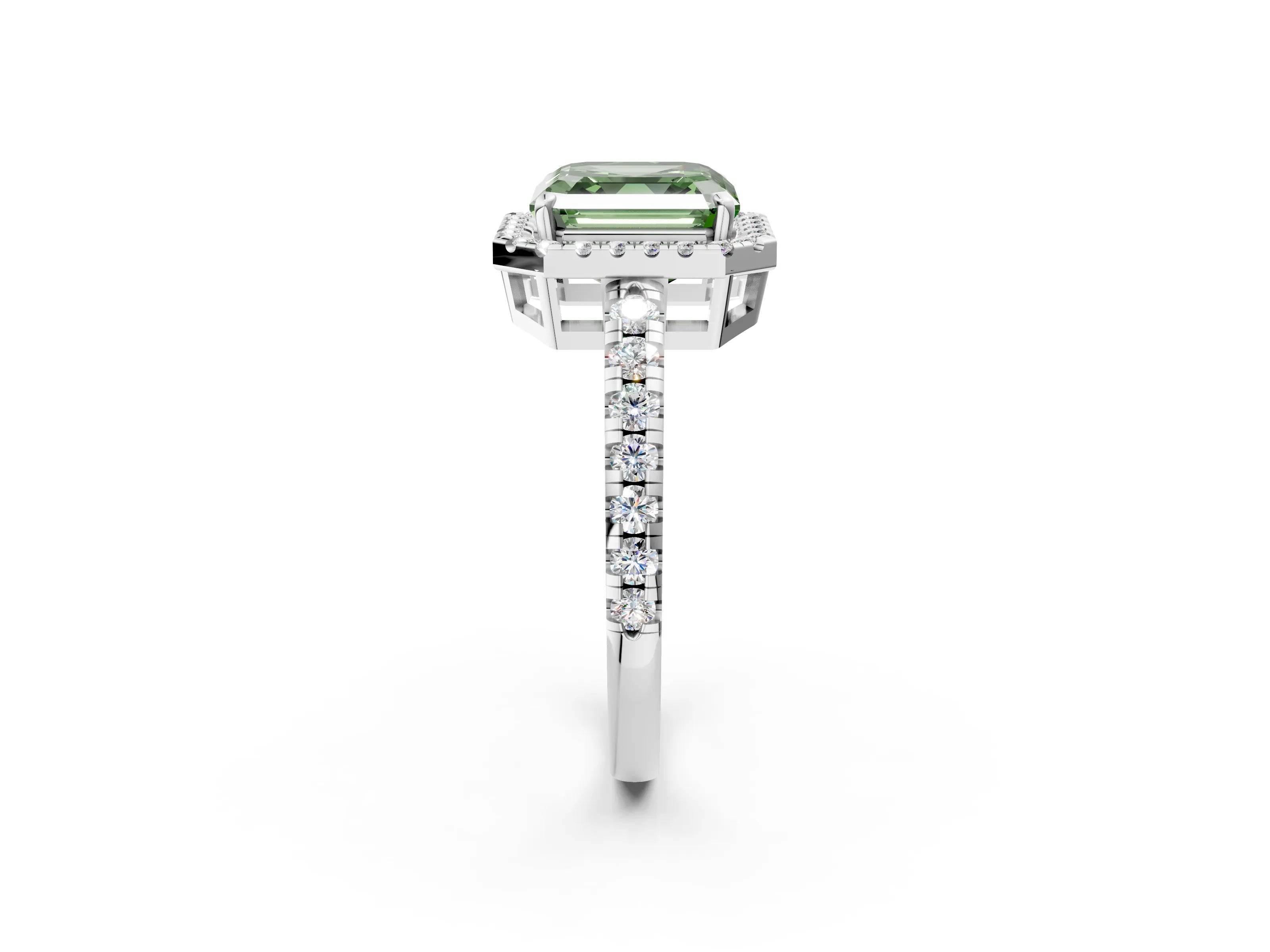 White gold Fancy Green Asscher Cut Diamond Halo Ring with Pavé Band and Four-Prong Setting_14