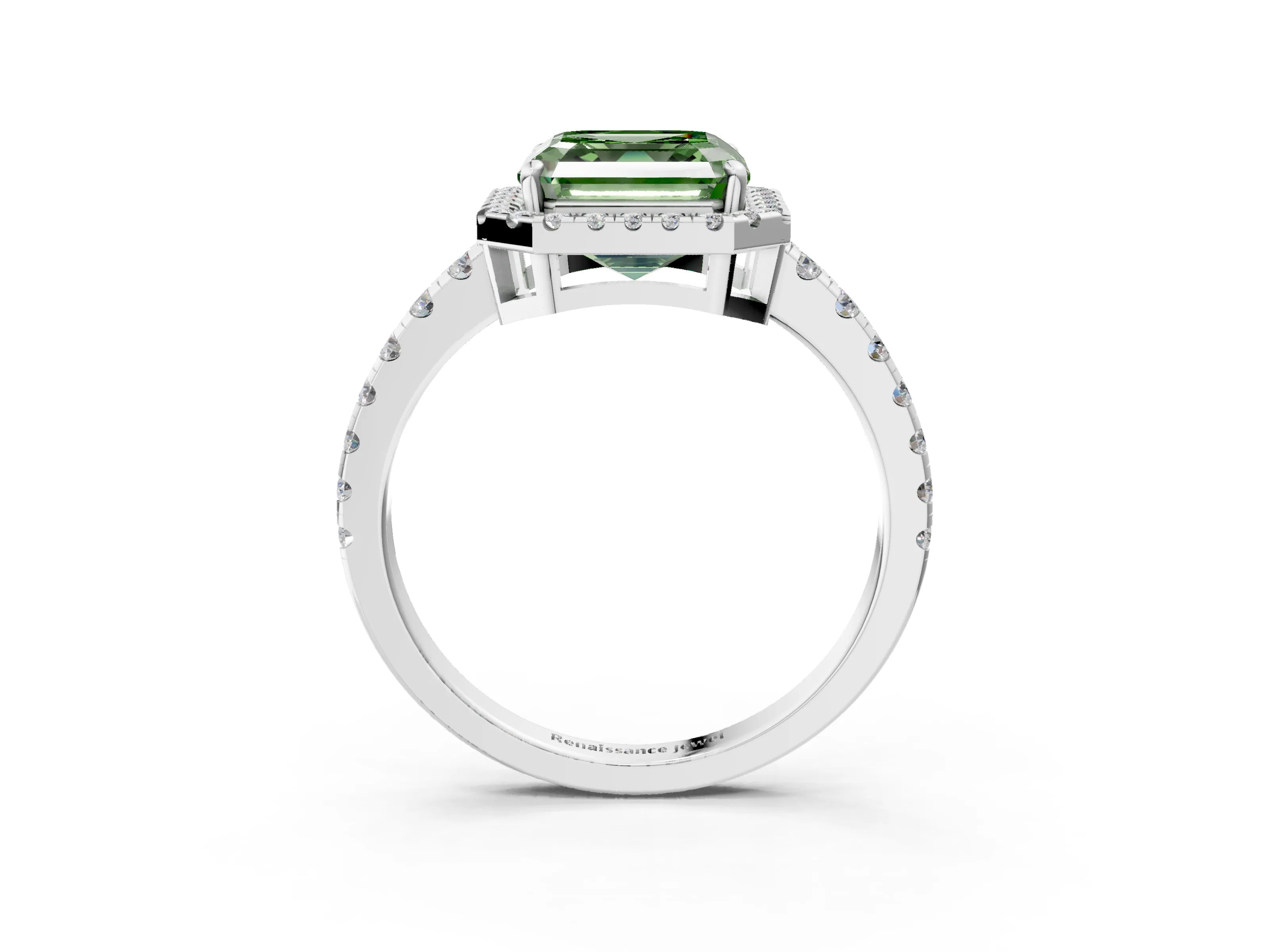 White gold Fancy Green Asscher Cut Diamond Halo Ring with Pavé Band and Four-Prong Setting_15