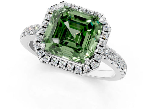 White gold Fancy Green Asscher Cut Diamond Halo Ring with Pavé Band and Four-Prong Setting_1