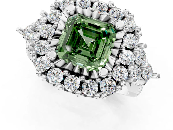 Platinum Asscher Cut Halo Crossover Pave Engagement Ring Setting for Fancy Green Center