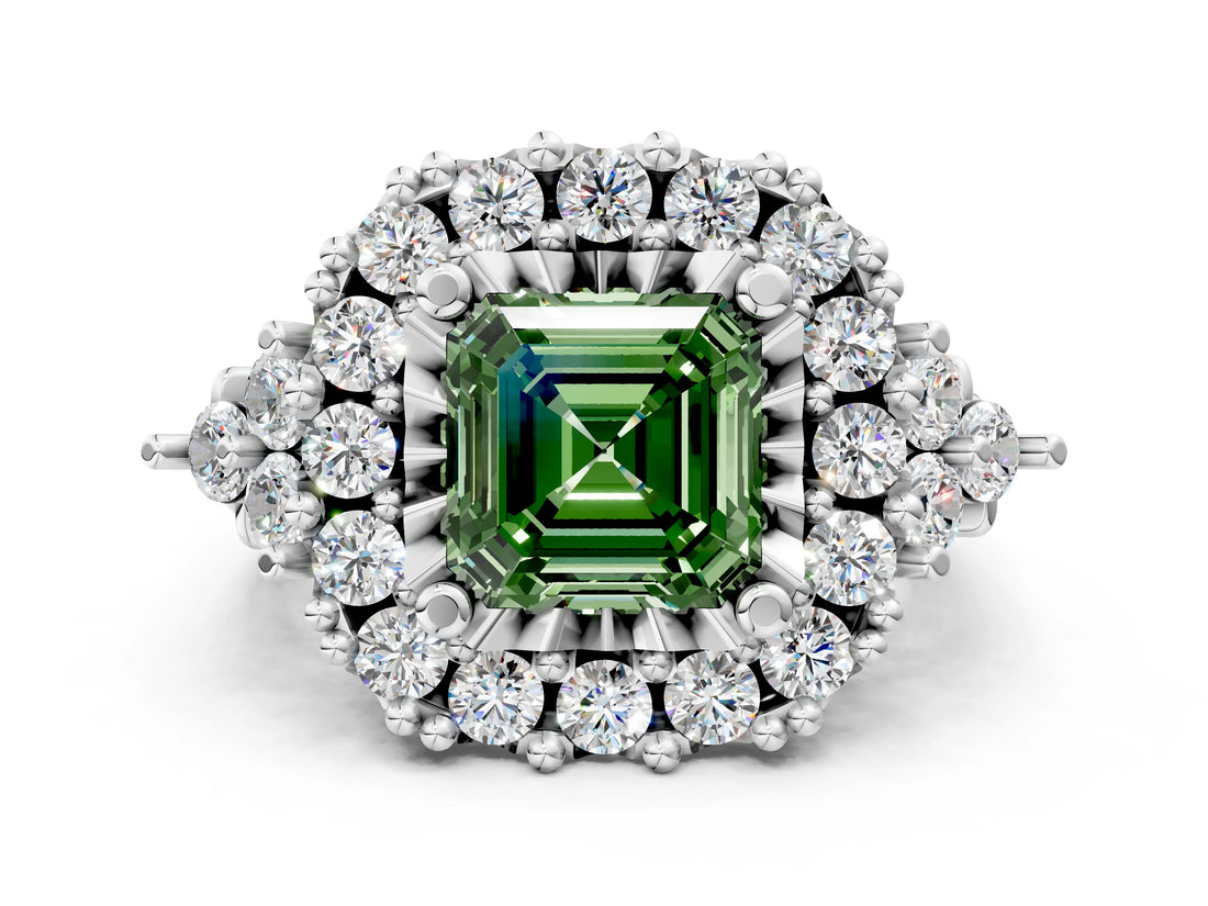 White gold Fancy Green Asscher Cut Diamond Halo Ring with Pavé Band and Four-Prong Setting_29