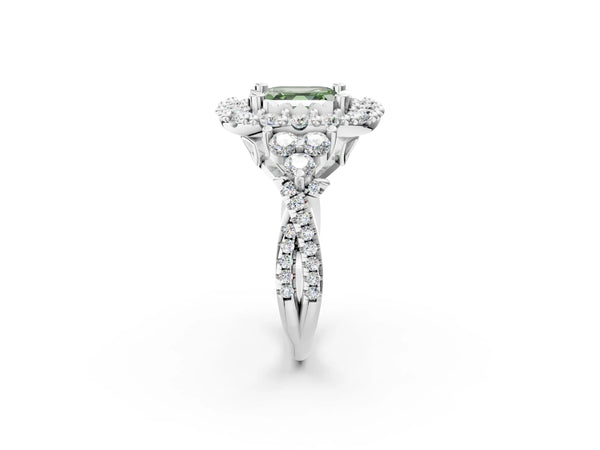 Platinum Asscher Cut Halo Crossover Pave Engagement Ring Setting for Fancy Green Center