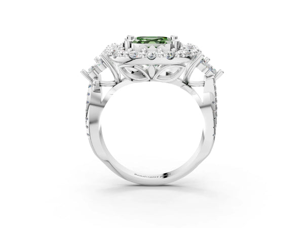 Platinum Asscher Cut Halo Crossover Pave Engagement Ring Setting for Fancy Green Center