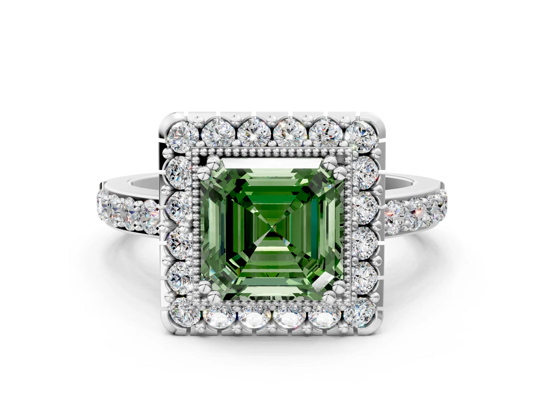 White gold Fancy Green Asscher Cut Diamond Halo Ring with Pavé Band and Prong Setting_12