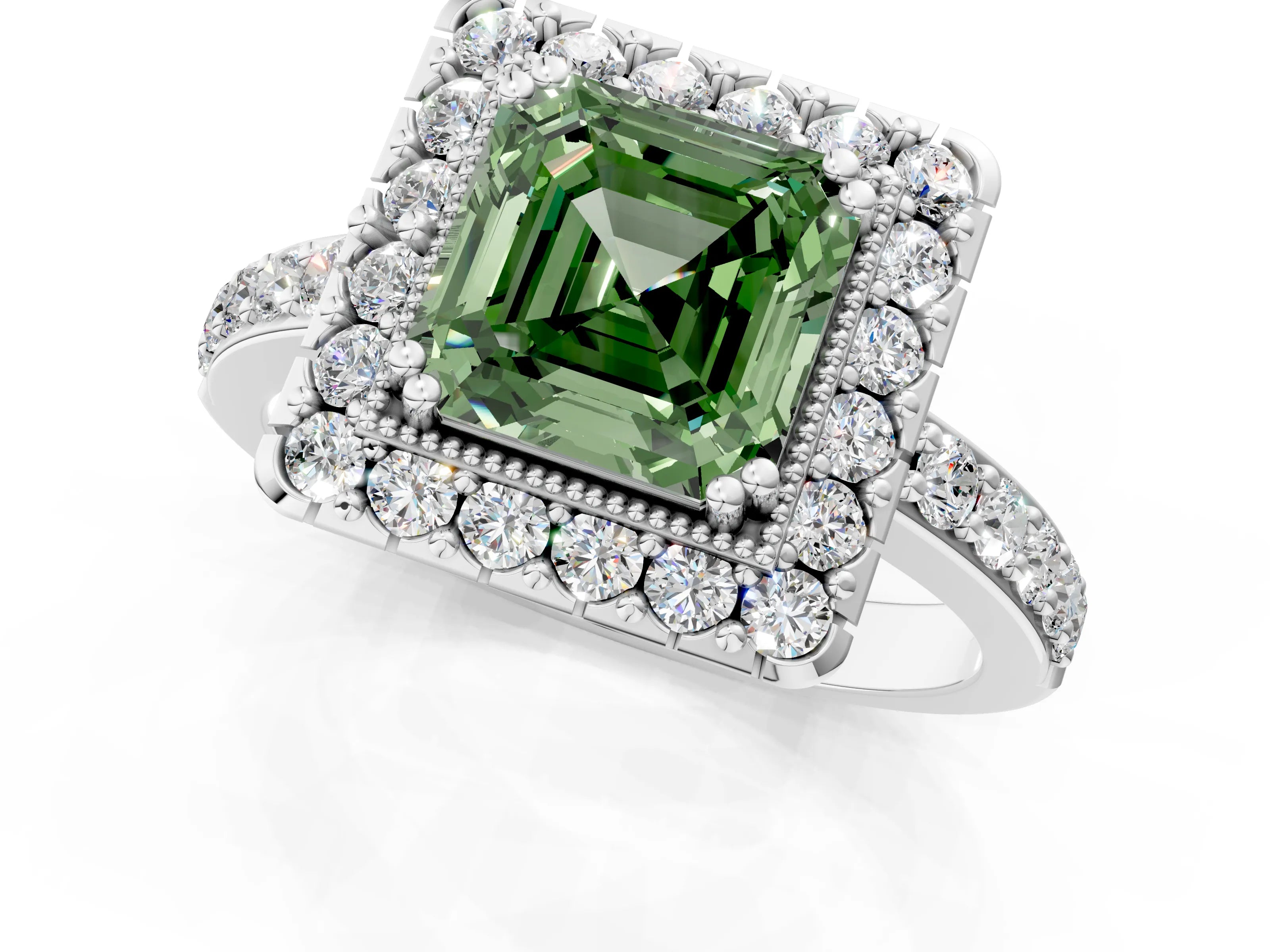 White gold Fancy Green Asscher Cut Diamond Halo Ring with Pavé Band and Prong Setting_13