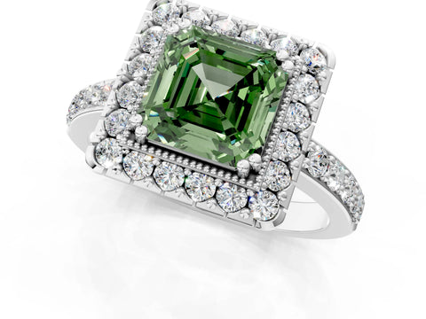White gold Fancy Green Asscher Cut Diamond Halo Ring with Pavé Band and Prong Setting_13