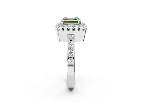 White gold Fancy Green Asscher Cut Diamond Halo Ring with Pavé Band and Prong Setting_14