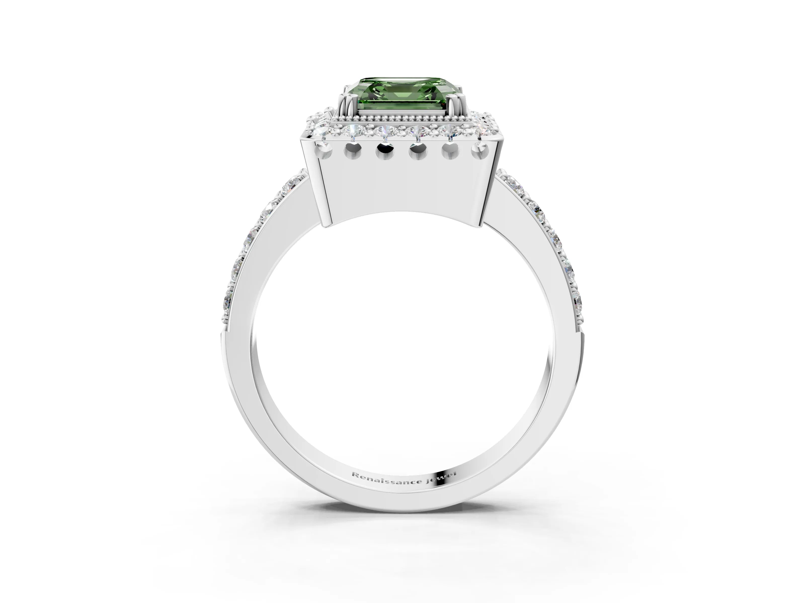 White gold Fancy Green Asscher Cut Diamond Halo Ring with Pavé Band and Prong Setting_15