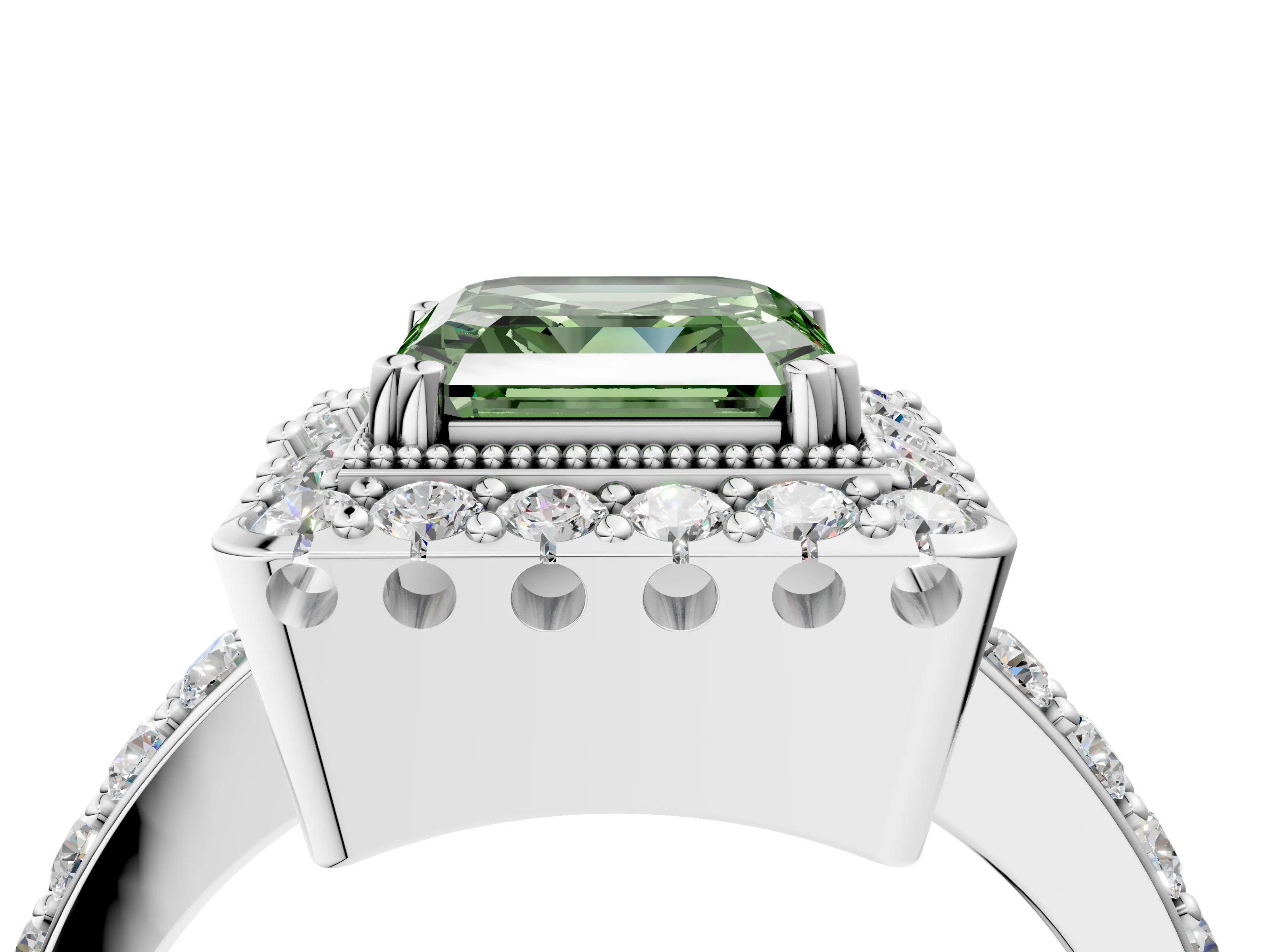 White gold Fancy Green Asscher Cut Diamond Halo Ring with Pavé Band and Prong Setting_16