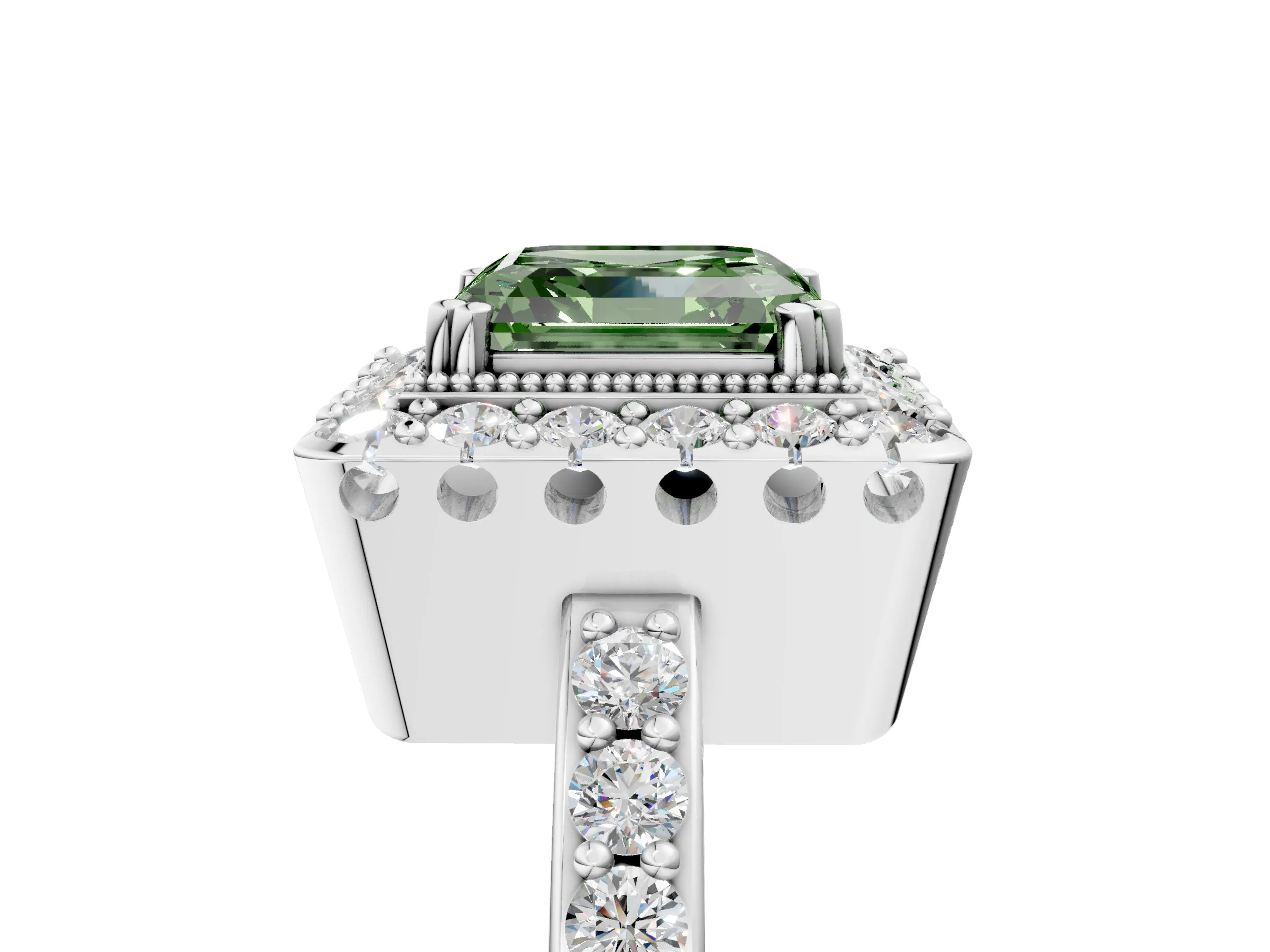 White gold Fancy Green Asscher Cut Diamond Halo Ring with Pavé Band and Prong Setting_17