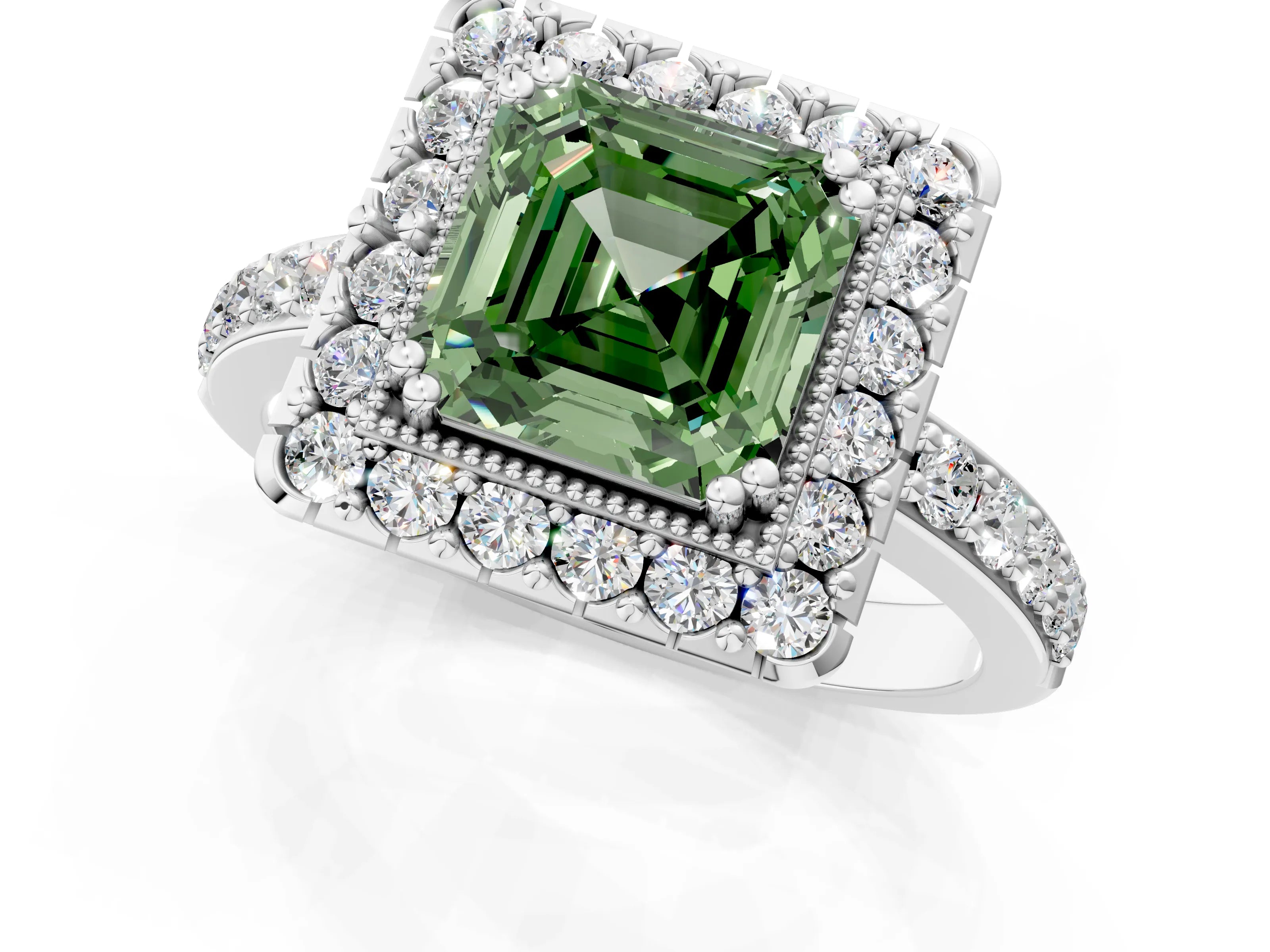 White gold Fancy Green Asscher Cut Diamond Halo Ring with Pavé Band and Prong Setting_1
