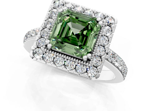White gold Fancy Green Asscher Cut Diamond Halo Ring with Pavé Band and Prong Setting_1
