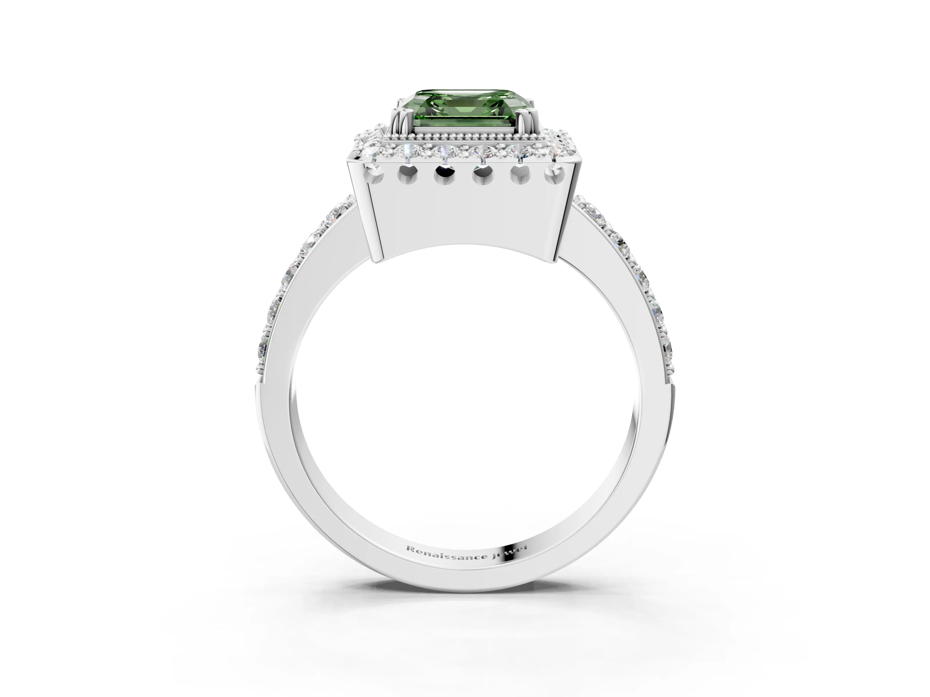 White gold Fancy Green Asscher Cut Diamond Halo Ring with Pavé Band and Prong Setting_3
