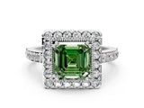 White gold Fancy Green Asscher Cut Diamond Halo Ring with Pavé Band and Prong Setting