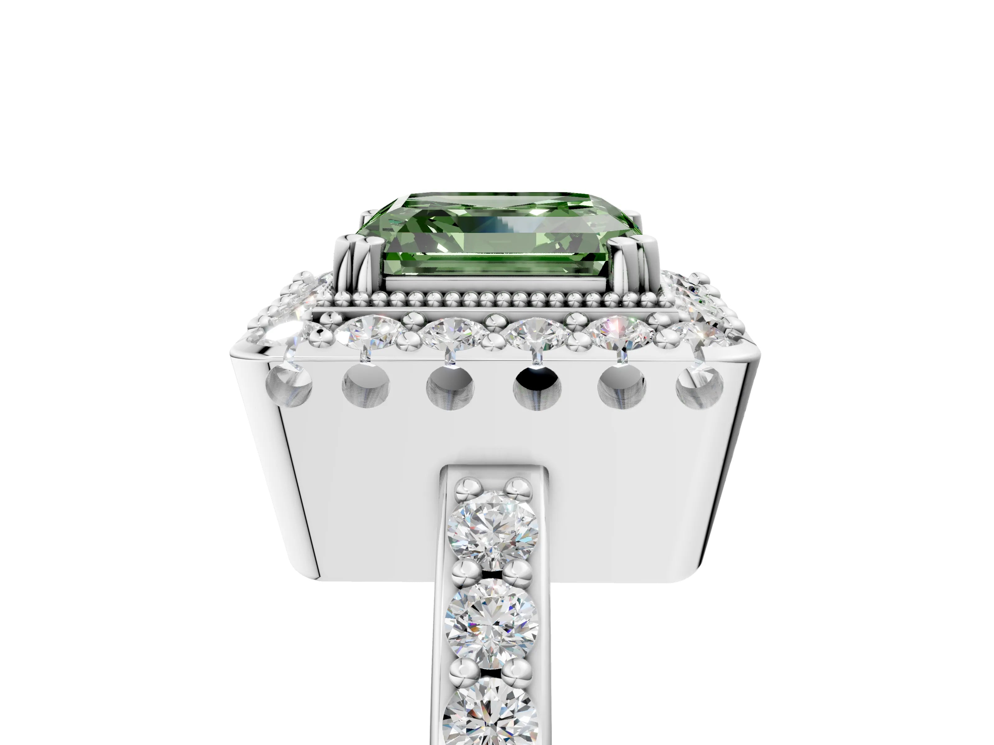 White gold Fancy Green Asscher Cut Diamond Halo Ring with Pavé Band and Prong Setting_5