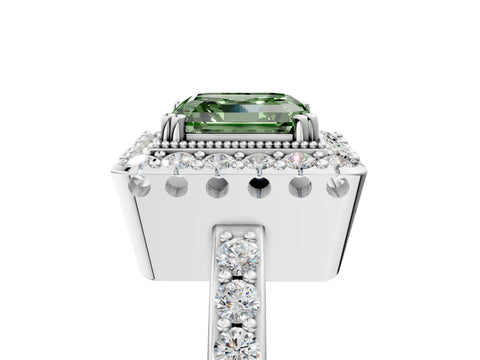 White gold Fancy Green Asscher Cut Diamond Halo Ring with Pavé Band and Prong Setting_5