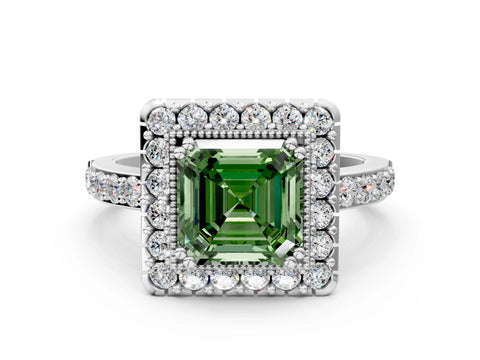 White gold Fancy Green Asscher Cut Diamond Halo Ring with Pavé Band and Prong Setting
