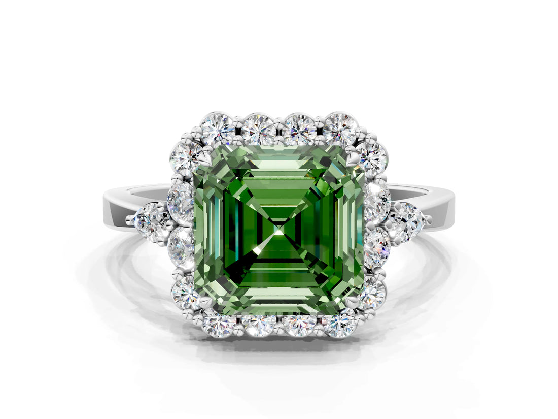 White gold Fancy Green Asscher Cut Diamond Halo Ring with Pear Side Stones and Prong Setting_58