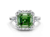 White gold Fancy Green Asscher Cut Diamond Halo Ring with Pear Side Stones and Prong Setting_58