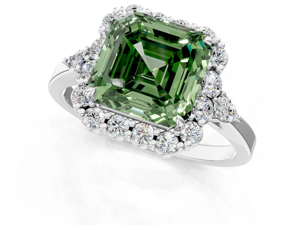 White Gold Asscher Cut Halo Engagement Ring Setting for Fancy Green Center with Pear Accents