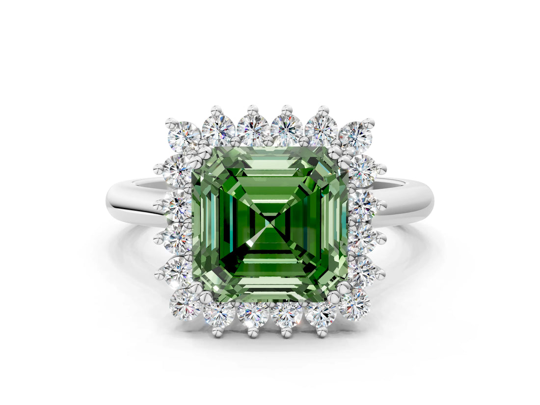 White gold Fancy Green Asscher  Cut Diamond Halo Ring with Solitaire Band and Prong Setting_45