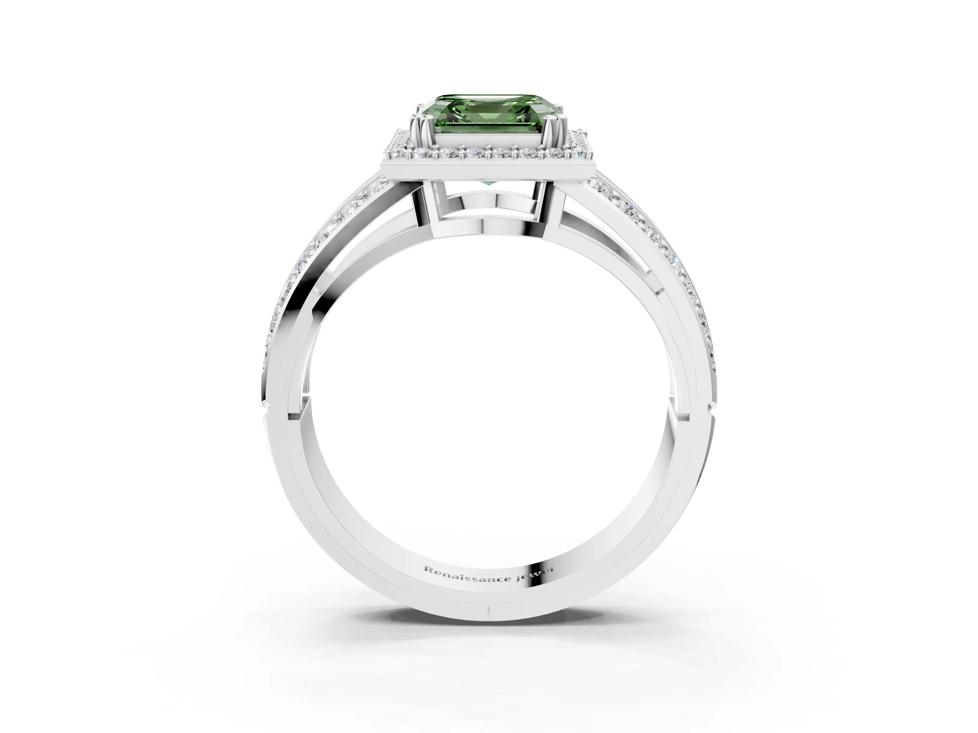 White gold Fancy Green Asscher Cut Diamond Halo Ring with Split Shank Pavé Band and Four-Prong Setting_15