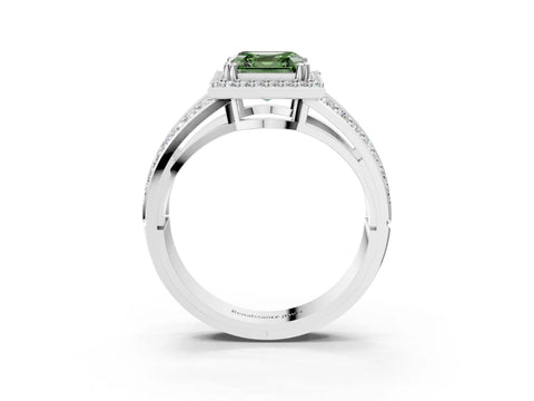 White gold Fancy Green Asscher Cut Diamond Halo Ring with Split Shank Pavé Band and Four-Prong Setting_15