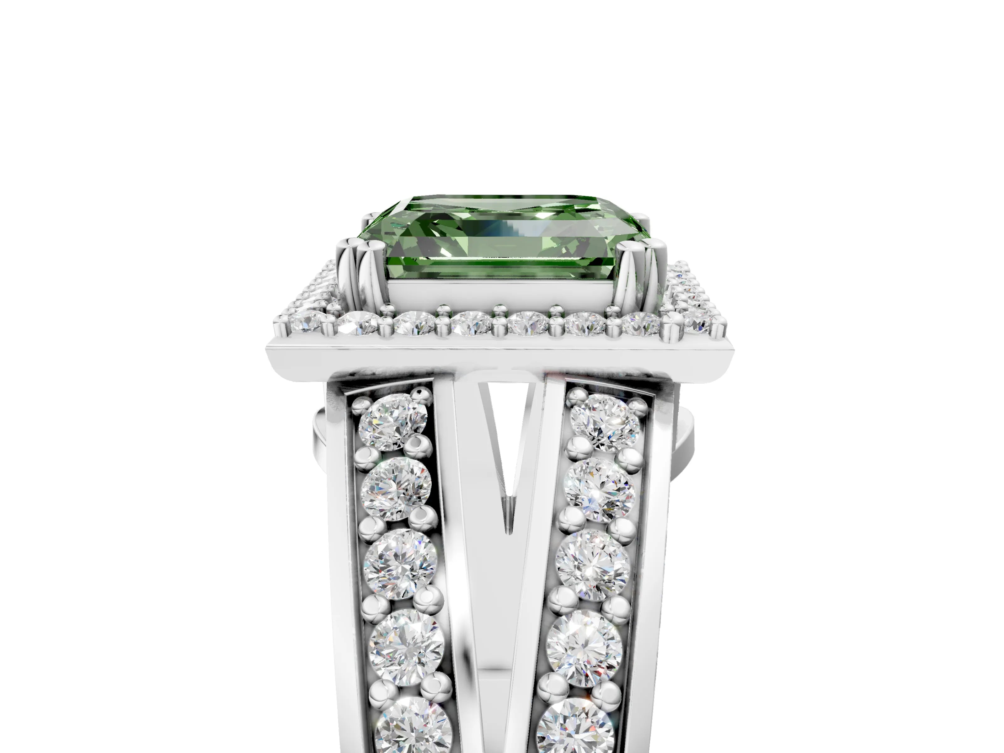 White gold Fancy Green Asscher Cut Diamond Halo Ring with Split Shank Pavé Band and Four-Prong Setting_17