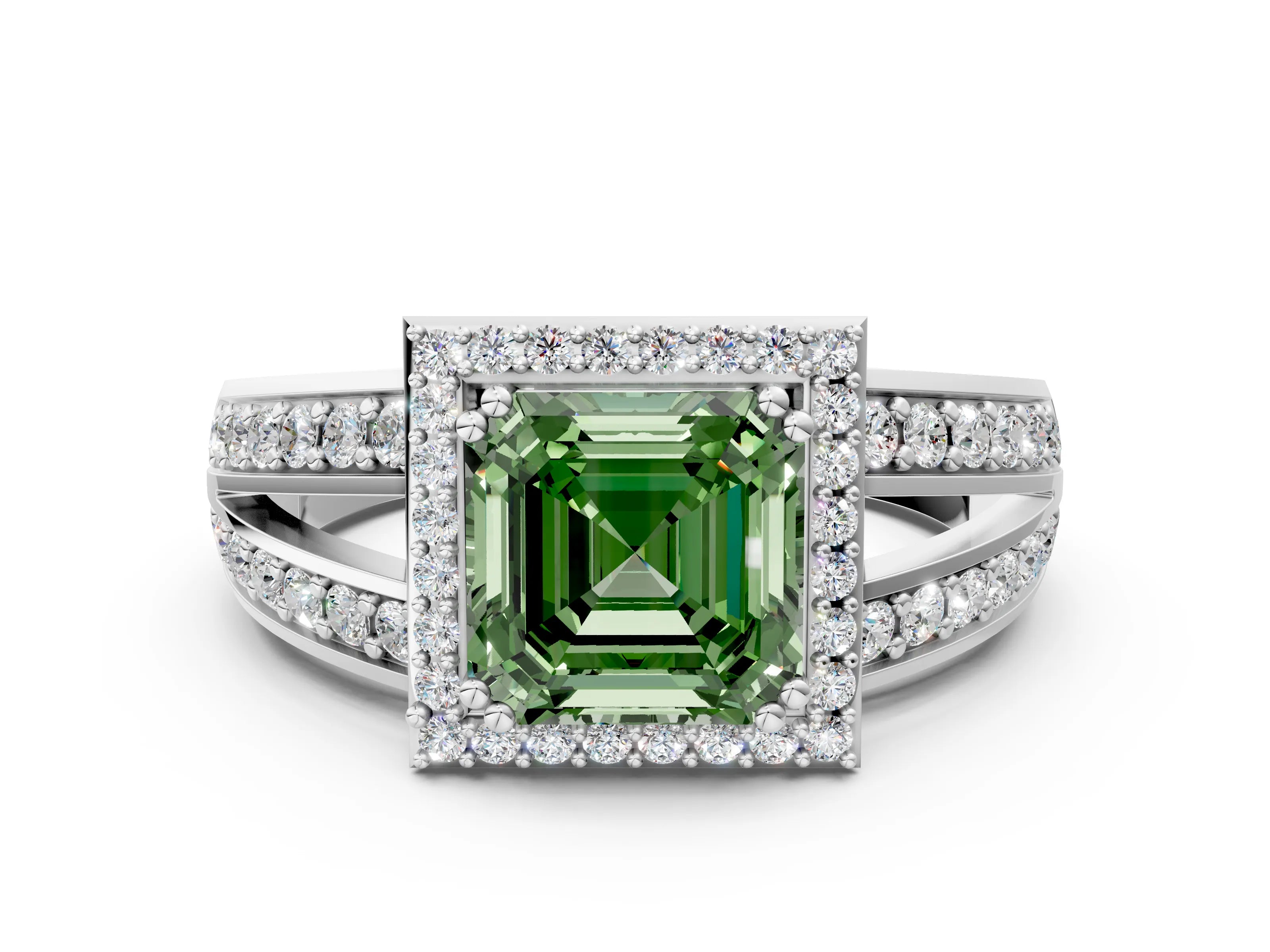 White gold Fancy Green Asscher Cut Diamond Halo Ring with Split Shank Pavé Band and Four-Prong Setting_18
